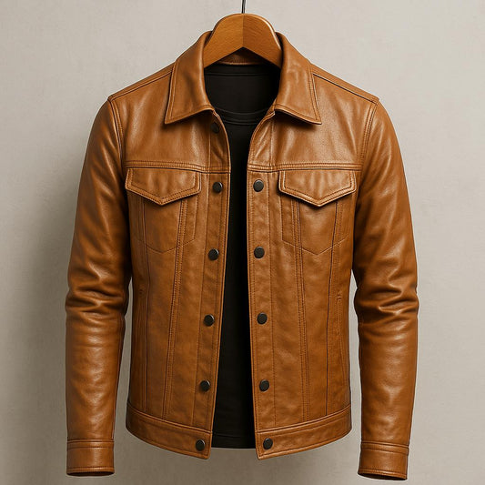 Classic Trucker Jacket with Flap Chest Pockets and Glossy Look for Men
