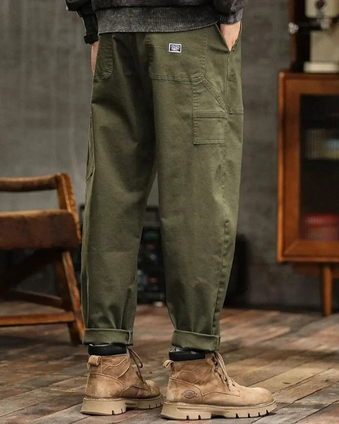 Relaxed Fit Cargo Pants with Flap Pockets and Drawstring Waist for Men