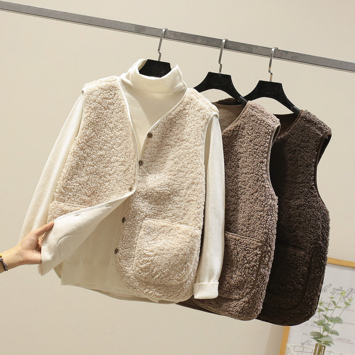 Plush Teddy Vest with Button Front and Patch Pockets for Women