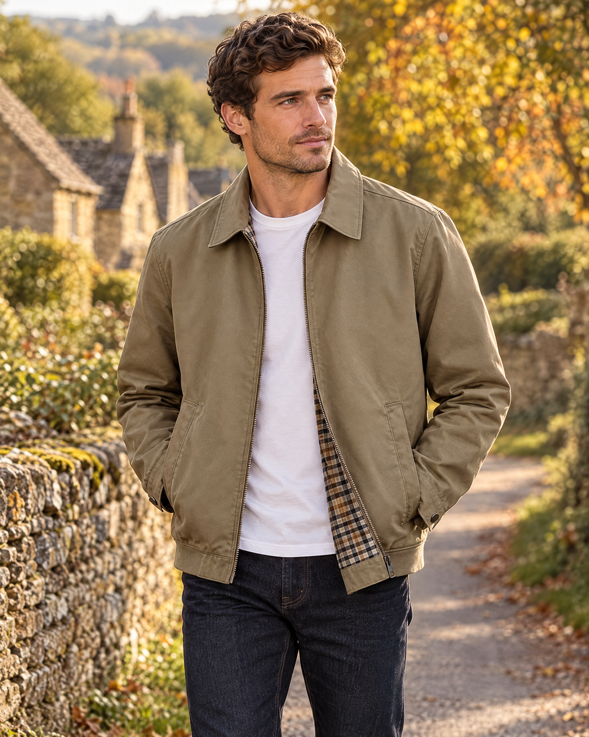 Classic Zip Front Harrington Jacket with Check Lining for Men
