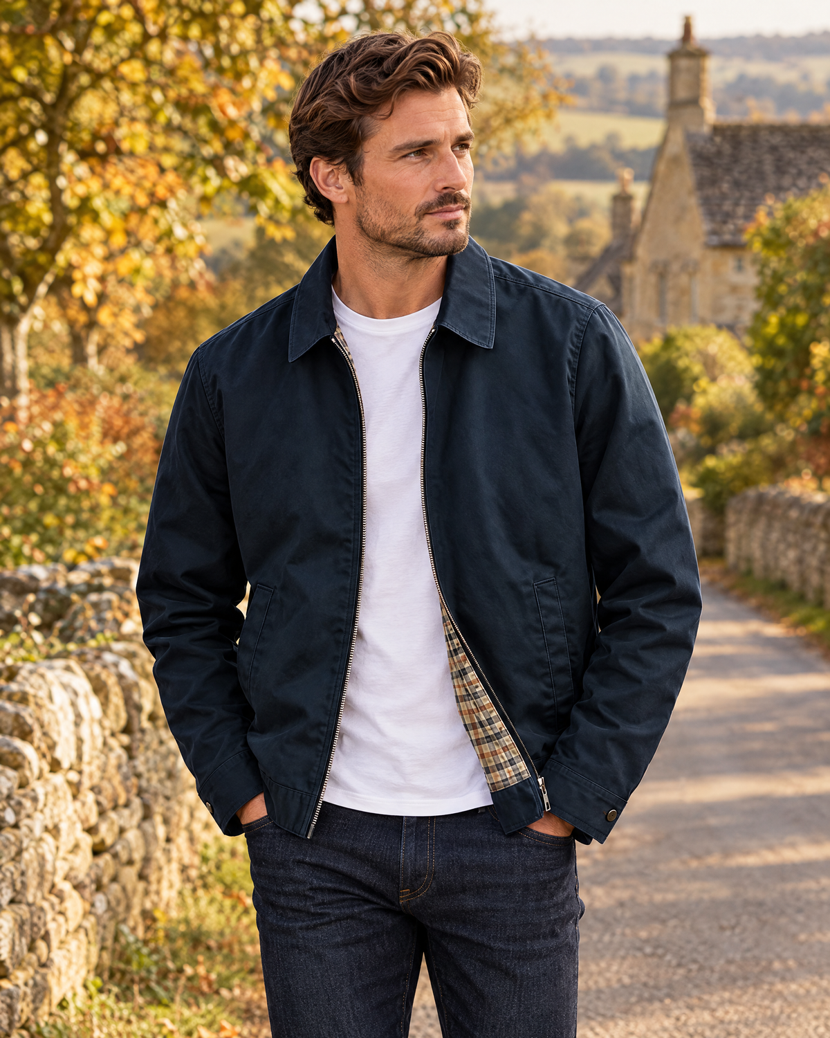 Classic Zip Front Harrington Jacket with Check Lining for Men