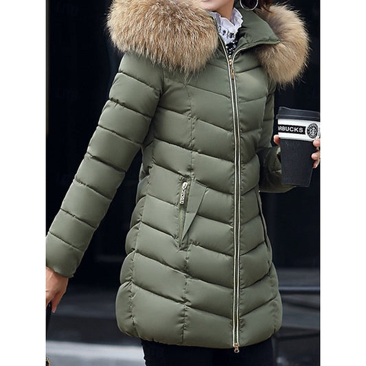 Cozy Long Puffer Coat with Fur Hood and Pockets for Women