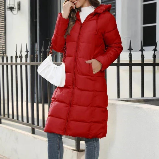 Long Puffer Coat with Hood and Pockets for Women