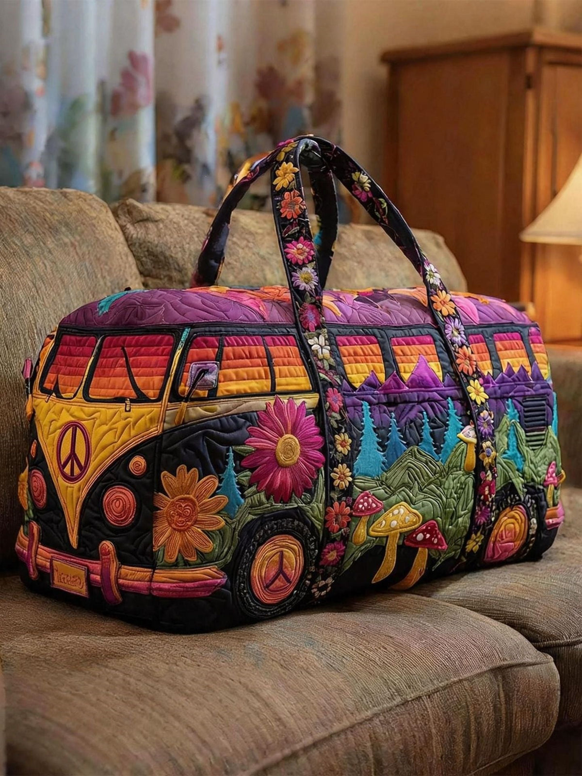 Embroidered Weekender Duffle Bag with Retro Van Art for Women and Men