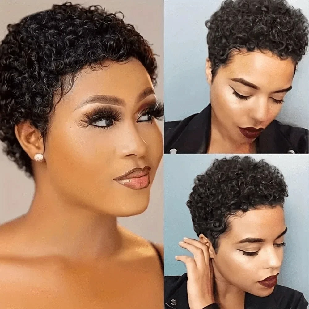 Perruques cheveux courts noir pixie cut afro