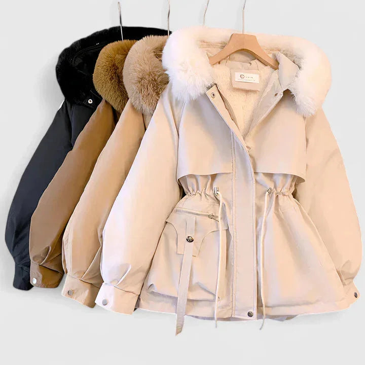 Short Parka Jacket with Plush Trim Hood and Drawstring Waist for Women