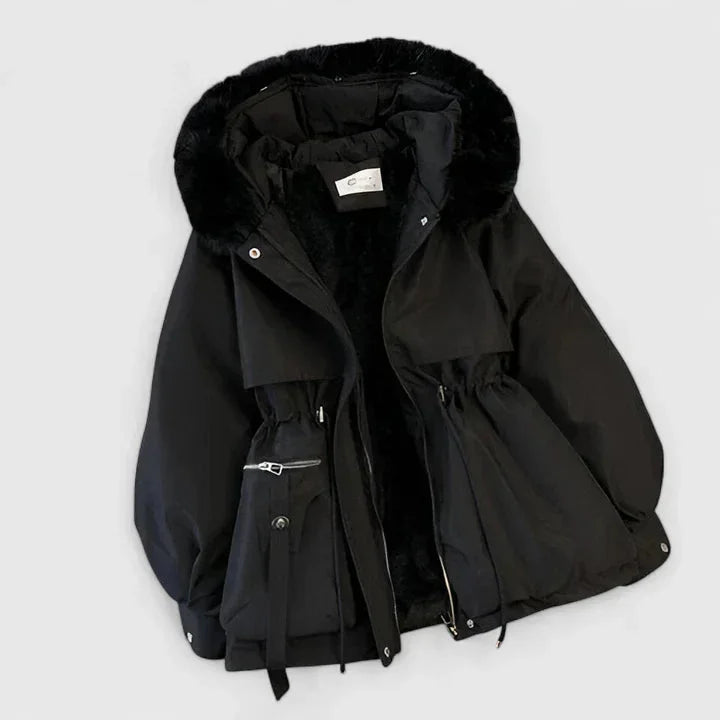 Short Parka Jacket with Plush Trim Hood and Drawstring Waist for Women