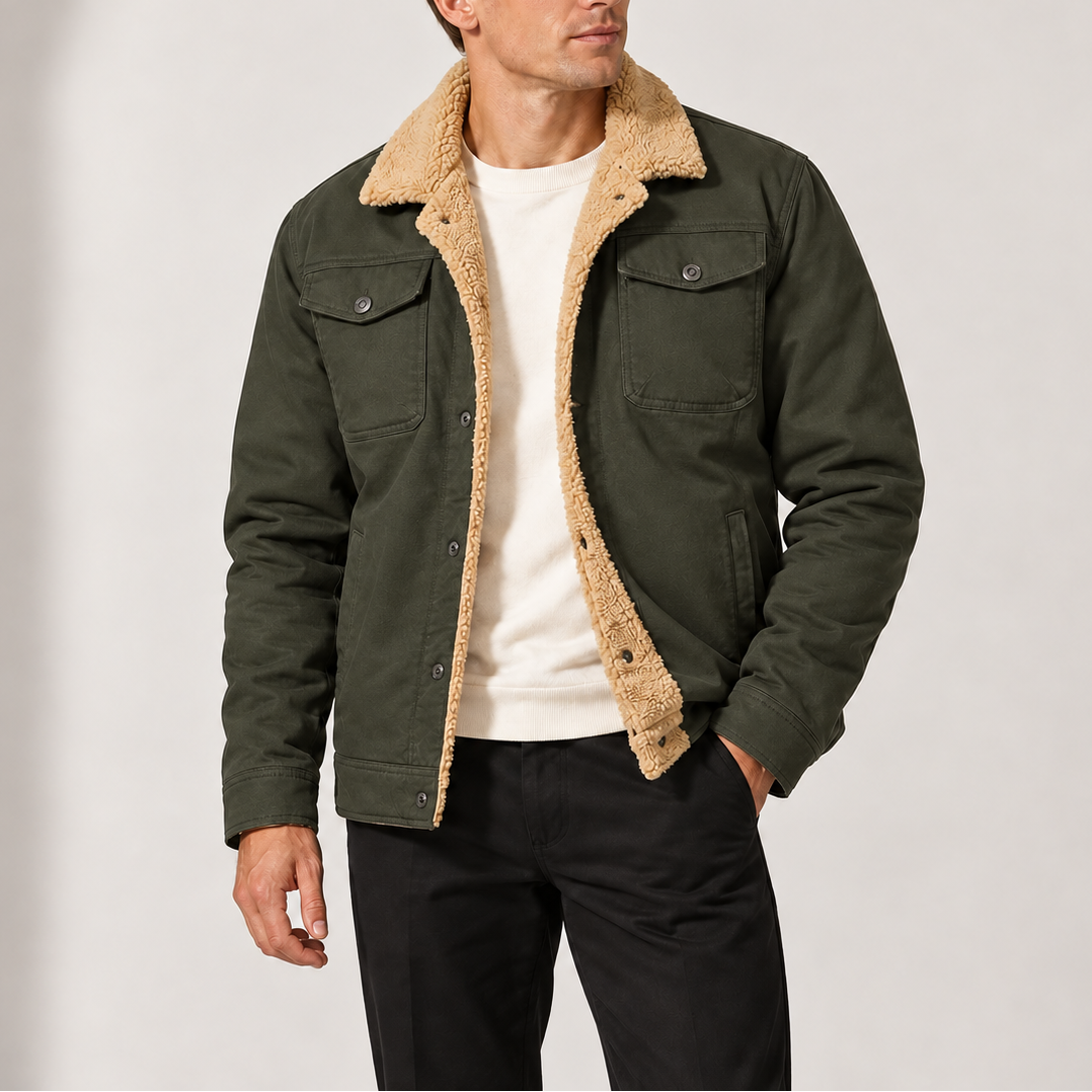 Plush Lined Trucker Jacket with Chest Pockets and Button Front for Men