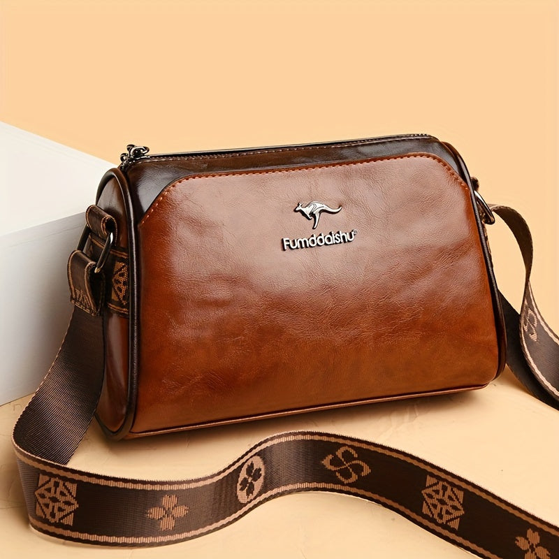 Barrel Crossbody Bag with Wide Patterned Strap and Zip Top for Women
