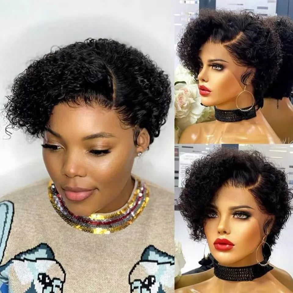 Perruques courtes bouclées cheveux humains coupe lutin