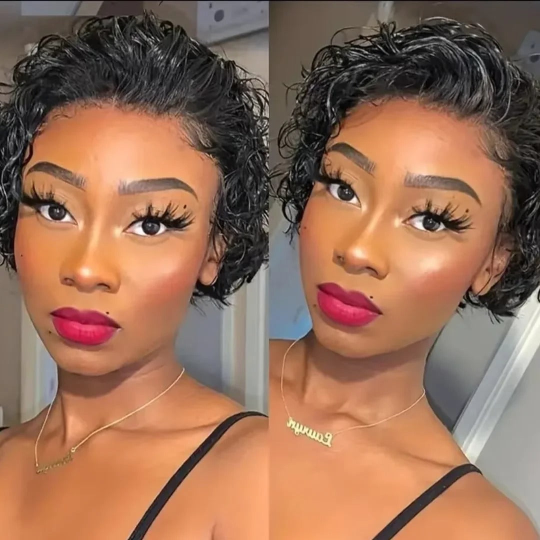 Perruques courtes bouclées cheveux humains coupe lutin