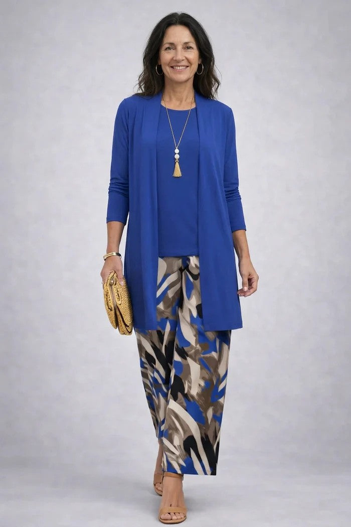Three Piece Pant Set with Printed Duster Jacket and Top for Women
