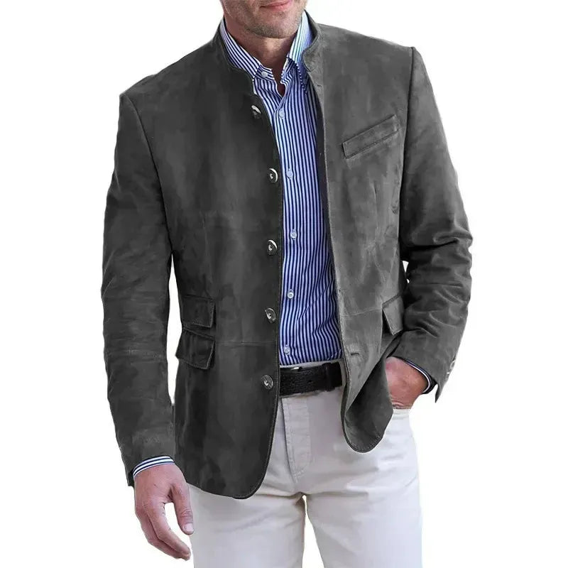 Band Collar Blazer with Five Button Front and Flap Pockets for Men