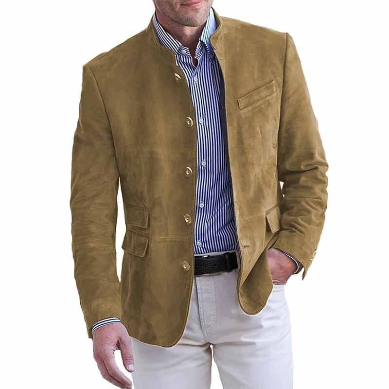 Band Collar Blazer with Five Button Front and Flap Pockets for Men