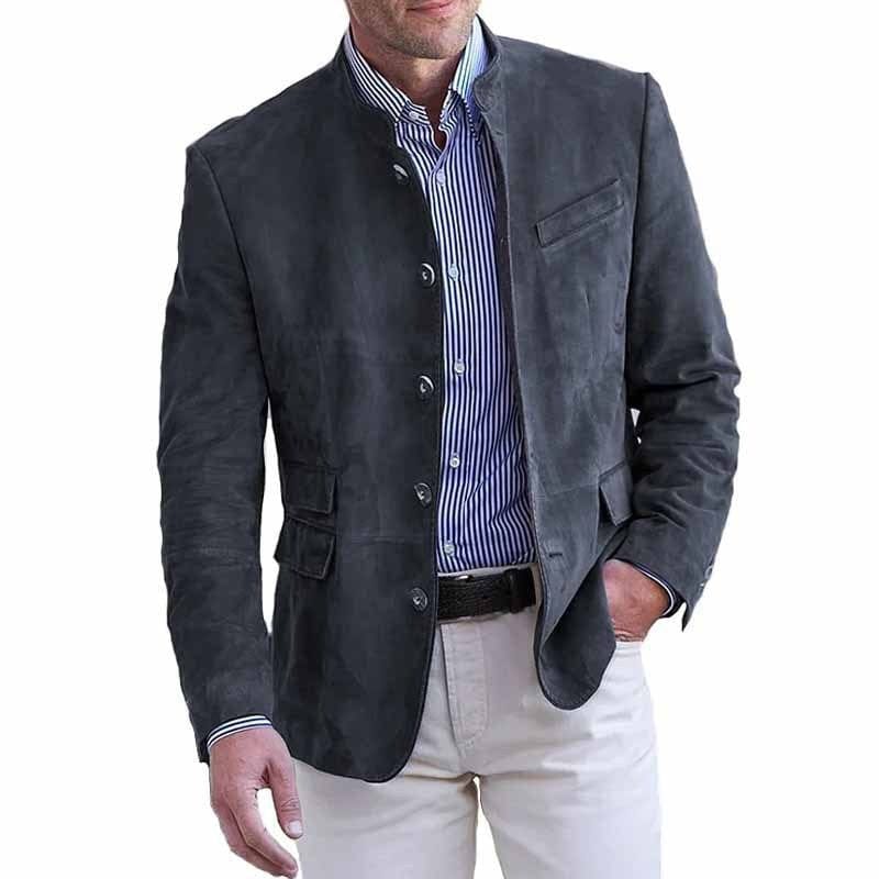 Band Collar Blazer with Five Button Front and Flap Pockets for Men