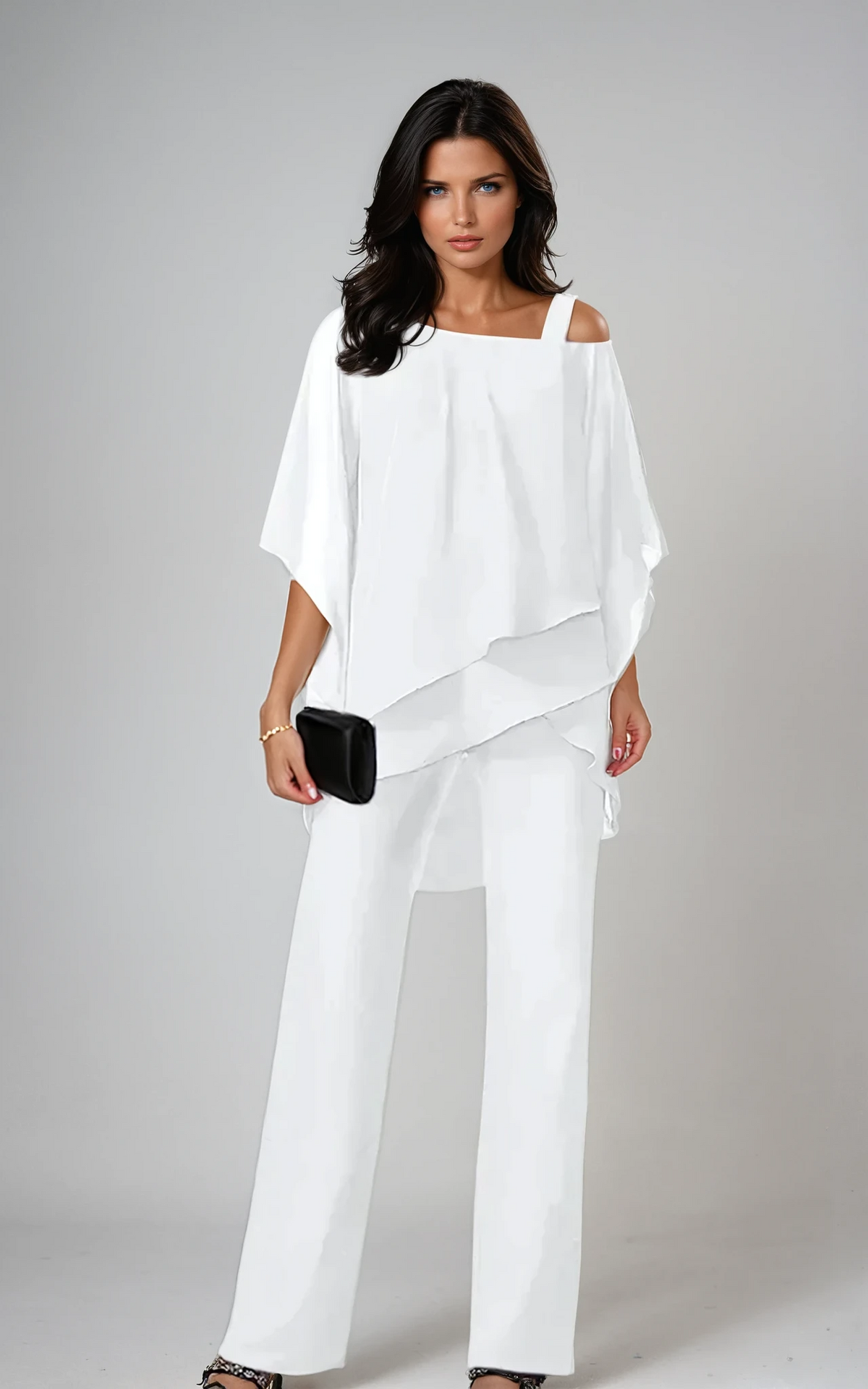 Two Piece Layered Set with Asymmetric Top and Wide Leg Pants for Women