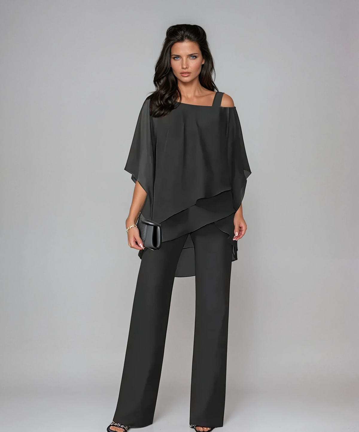 Two Piece Layered Set with Asymmetric Top and Wide Leg Pants for Women