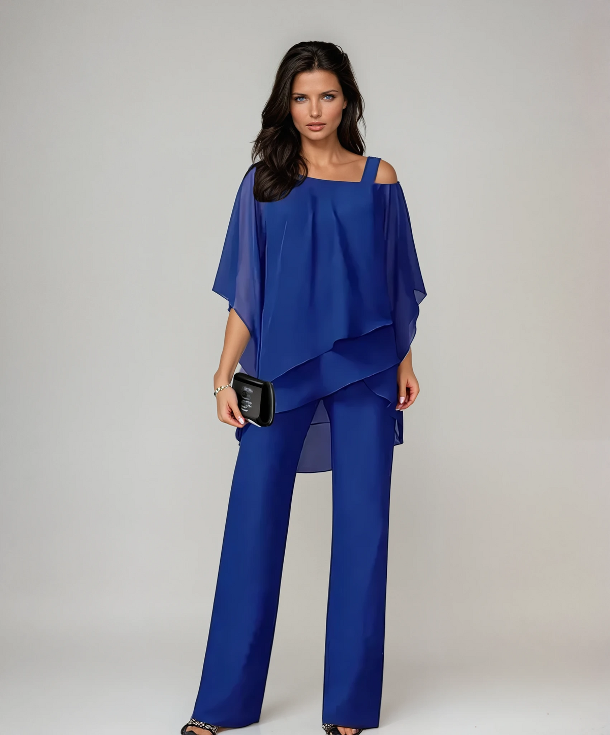 Two Piece Layered Set with Asymmetric Top and Wide Leg Pants for Women