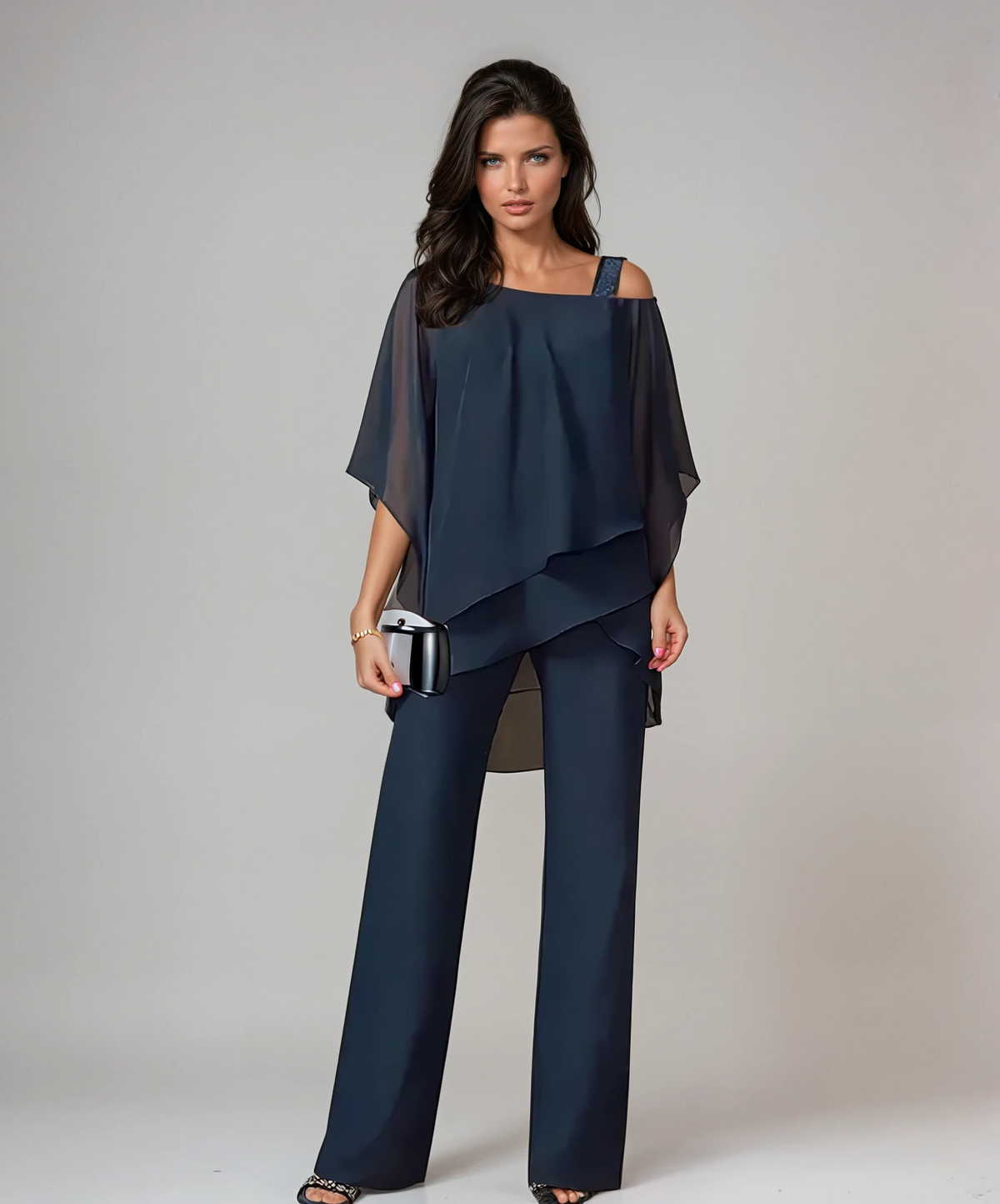 Two Piece Layered Set with Asymmetric Top and Wide Leg Pants for Women