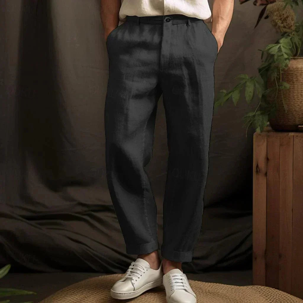 Relaxed Tapered Trousers with Button Waist and Cuffed Hem for Men