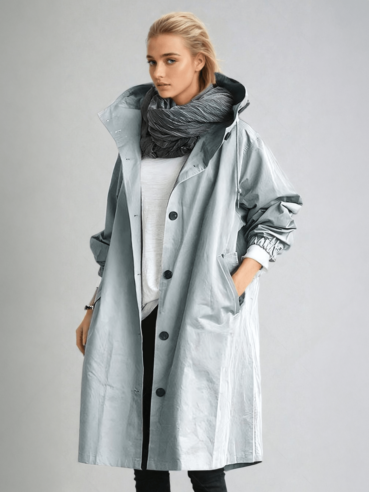 Hooded Longline Rain Coat with Button Front and Big Pockets for Women