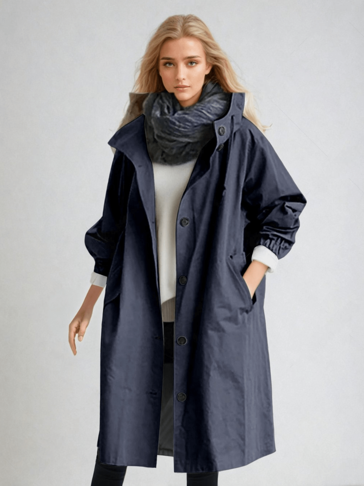 Hooded Longline Rain Coat with Button Front and Big Pockets for Women