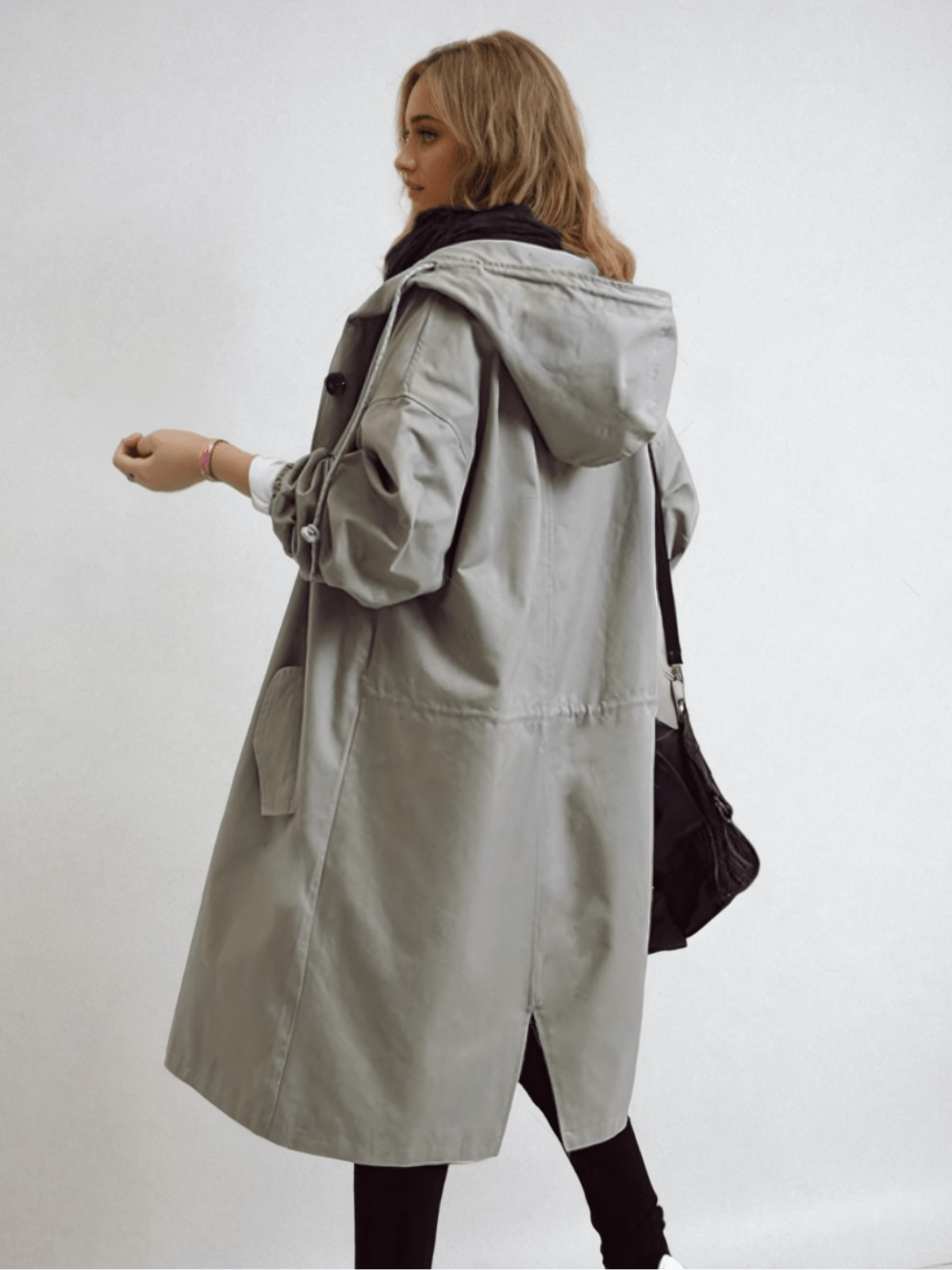 Hooded Longline Rain Coat with Button Front and Big Pockets for Women