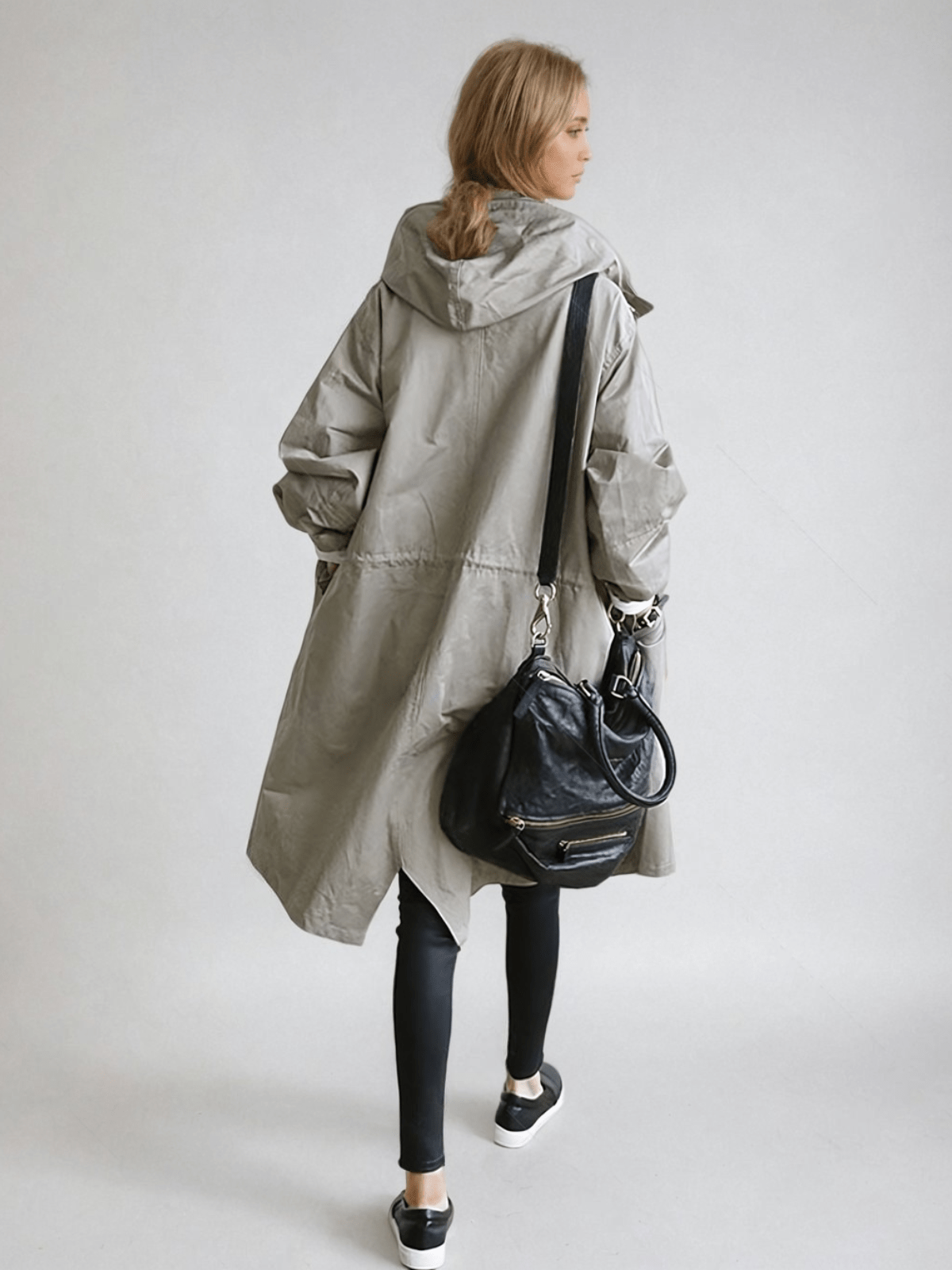 Hooded Longline Rain Coat with Button Front and Big Pockets for Women