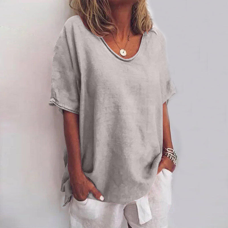 Oversized Scoop Neck T-Shirt with Raw Edge Short Sleeves for Women