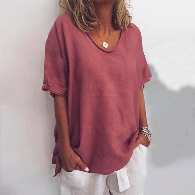 Oversized Scoop Neck T-Shirt with Raw Edge Short Sleeves for Women