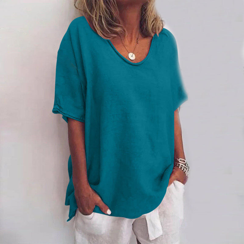 Oversized Scoop Neck T-Shirt with Raw Edge Short Sleeves for Women
