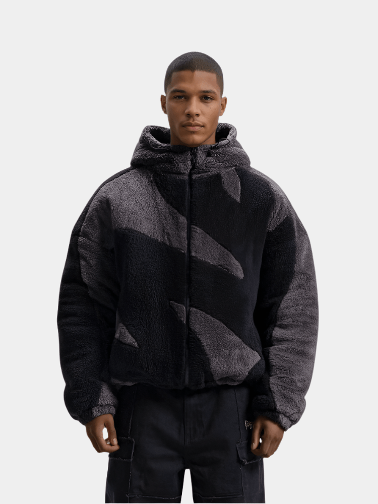 Hooded Zip Up Jacket with Panel Design and Drawstring Hem for Men