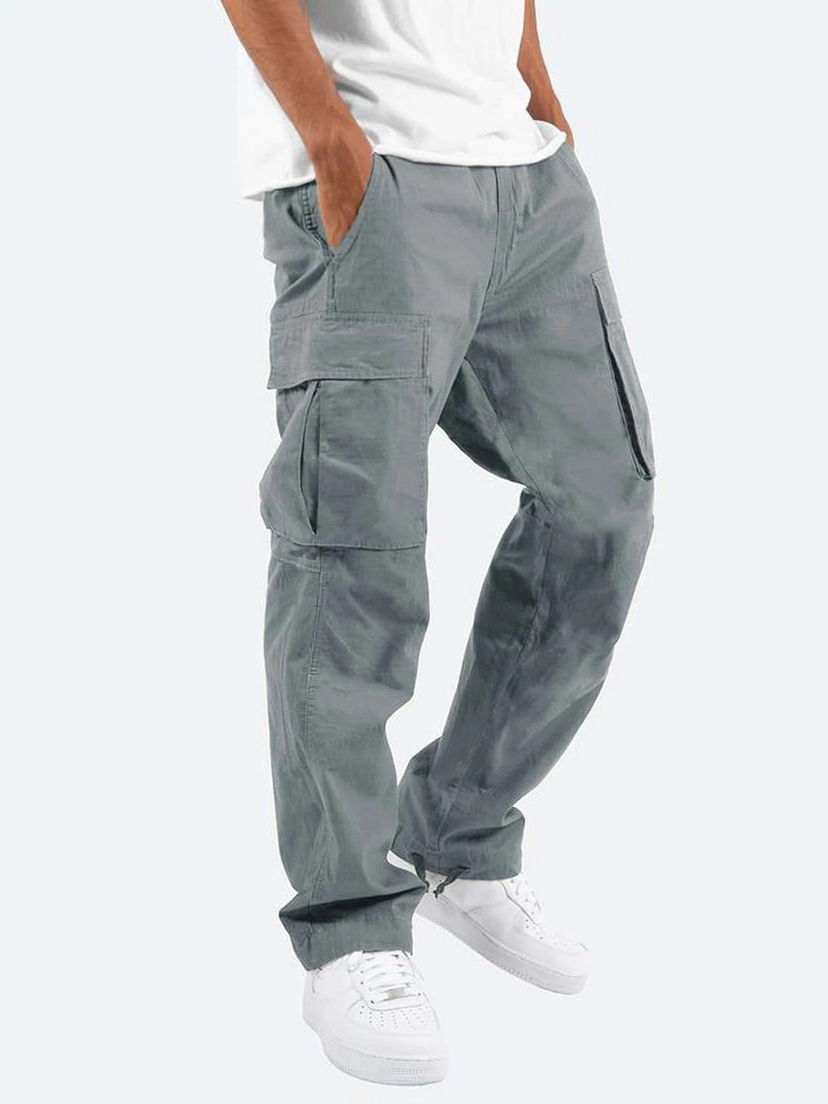 Relaxed Cargo Trousers with Side Flap Pockets and Cuffed Hem for Men