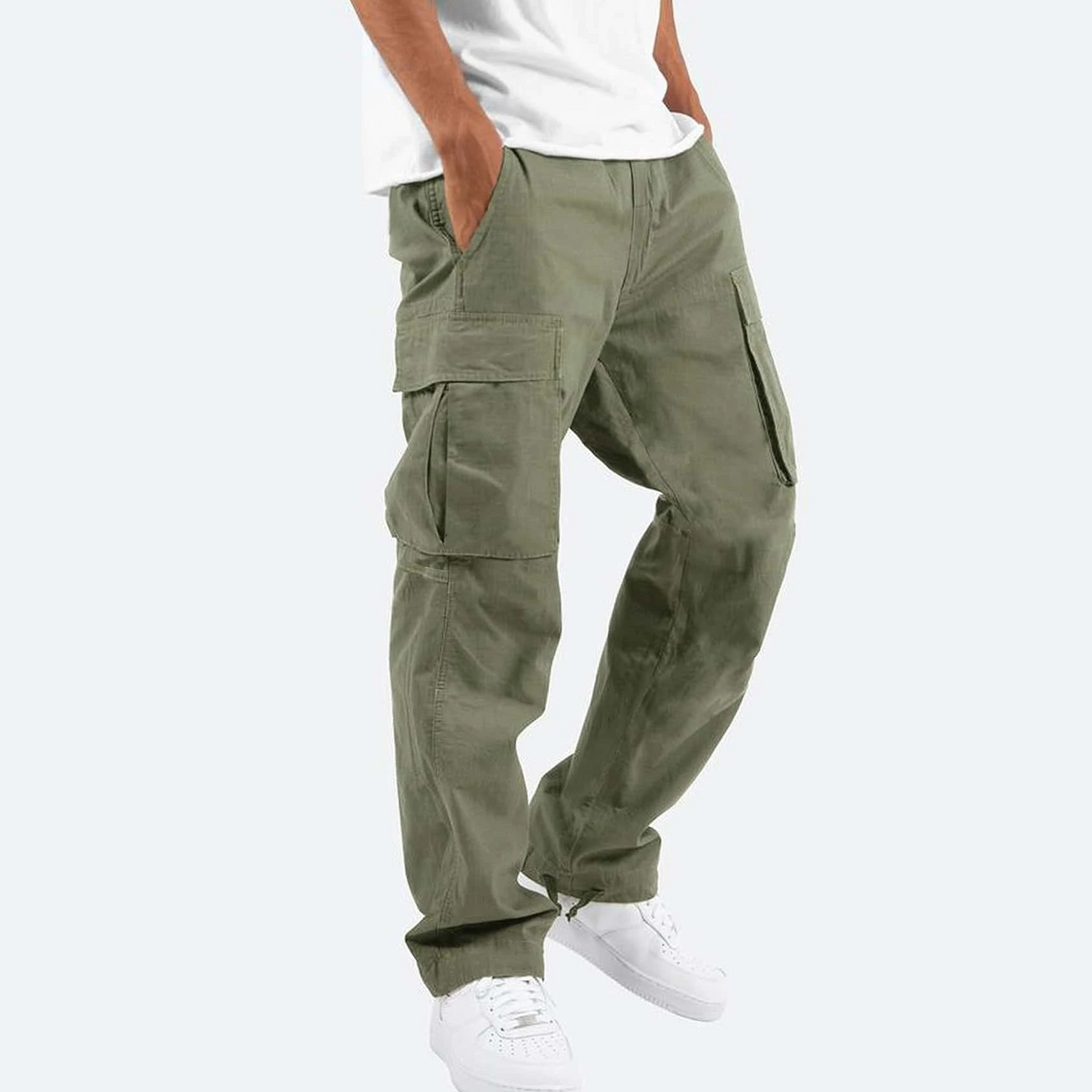 Relaxed Cargo Trousers with Side Flap Pockets and Cuffed Hem for Men