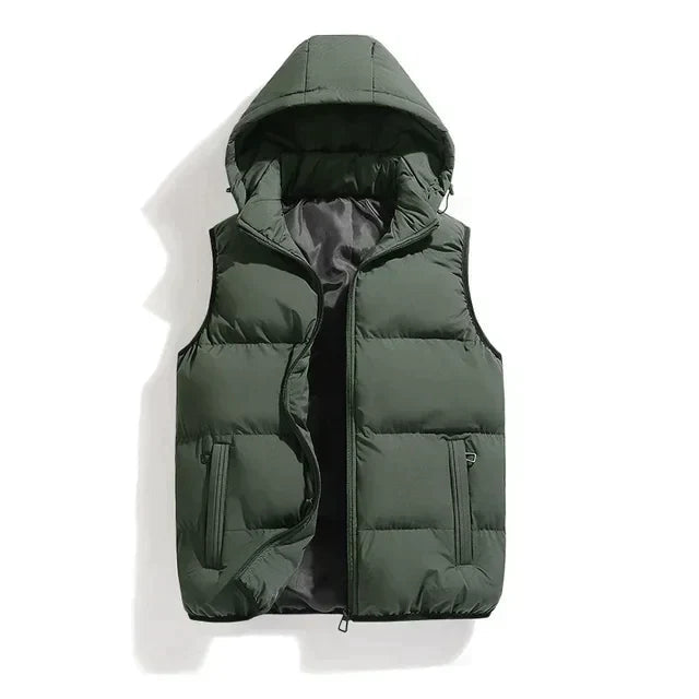 Hooded Puffer Vest with Full Zip Front and Two Side Pockets for Men