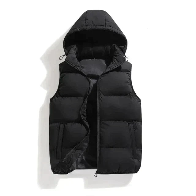 Hooded Puffer Vest with Full Zip Front and Two Side Pockets for Men