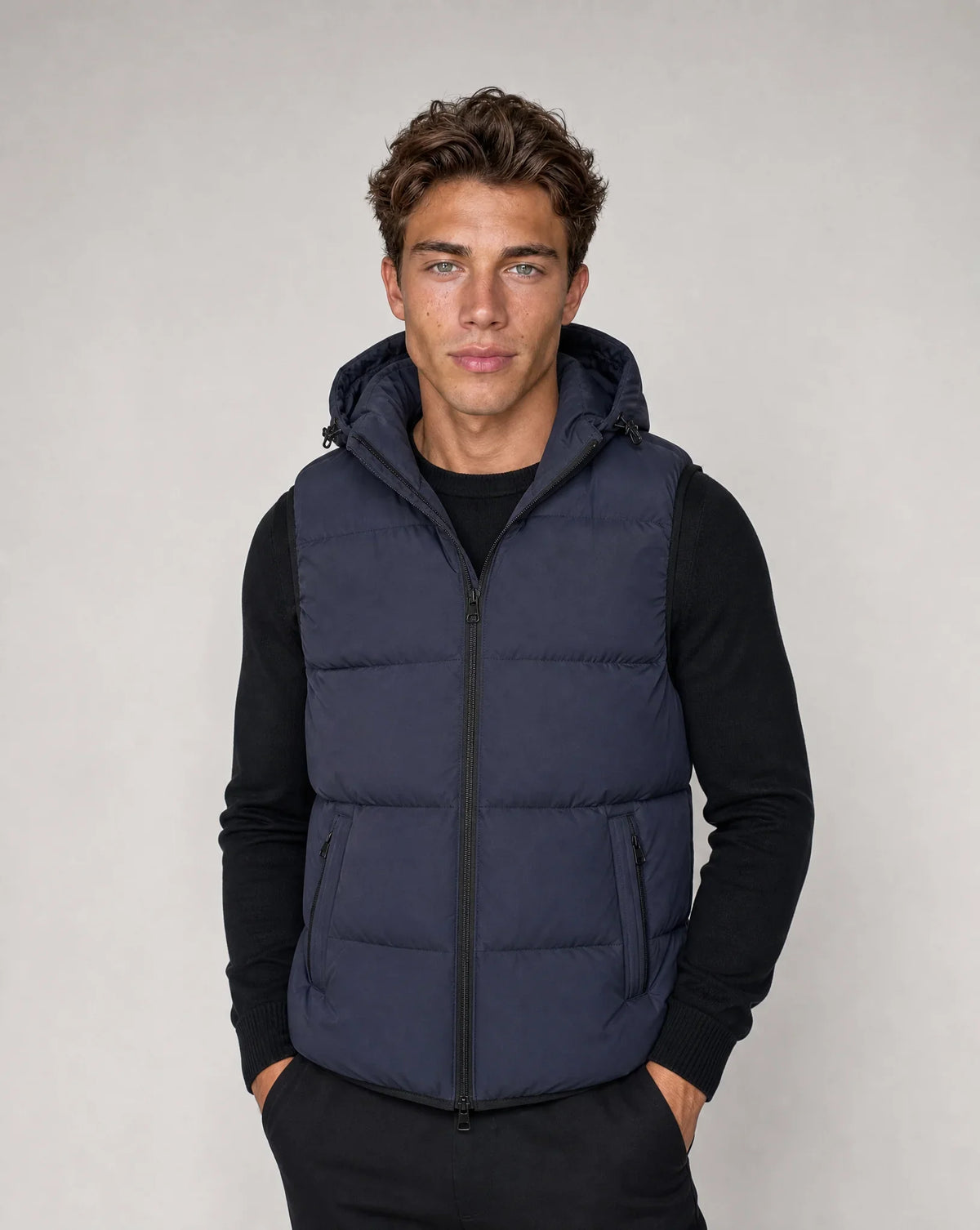 Hooded Puffer Vest with Full Zip Front and Two Side Pockets for Men