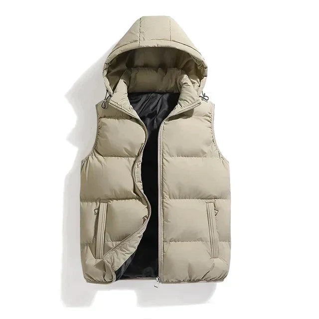 Hooded Puffer Vest with Full Zip Front and Two Side Pockets for Men