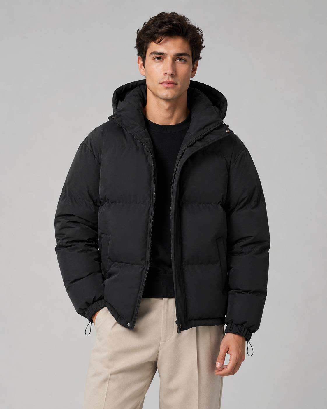 Hooded Puffer Jacket with Full Zip and Drawstring Hem for Men