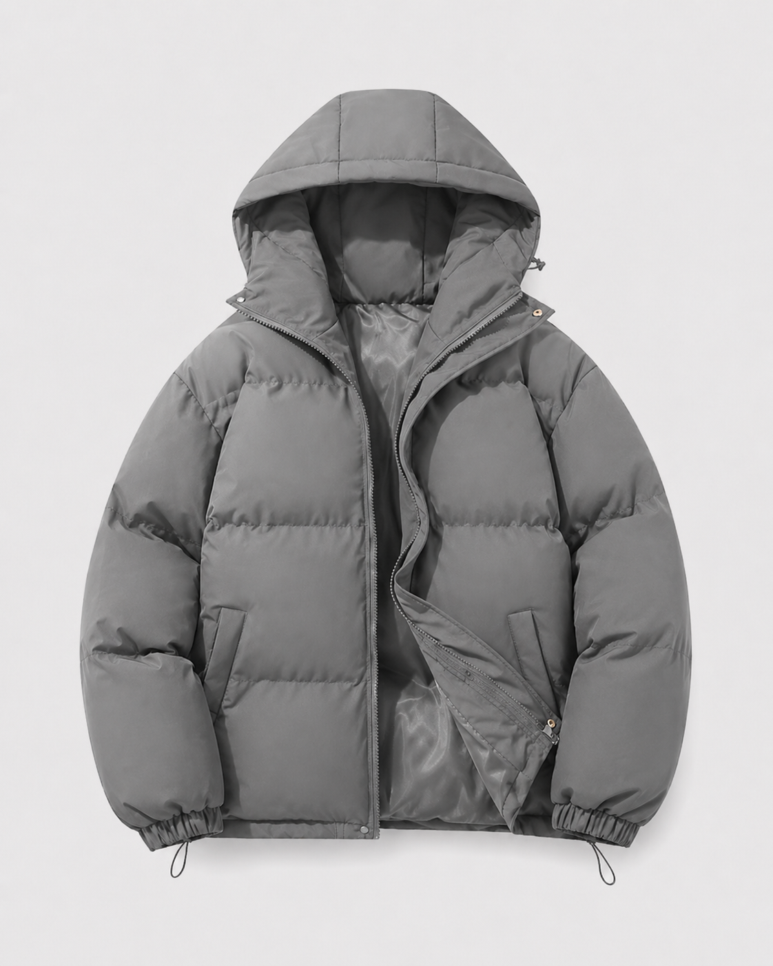 Hooded Puffer Jacket with Full Zip and Drawstring Hem for Men