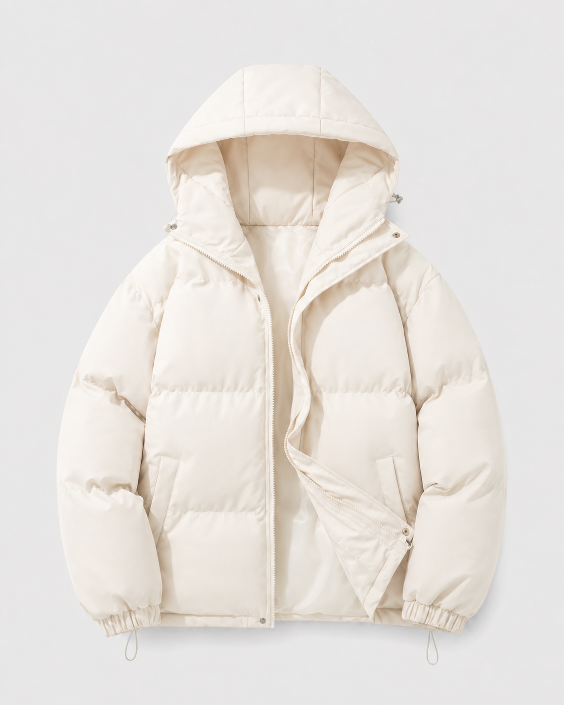 Hooded Puffer Jacket with Full Zip and Drawstring Hem for Men