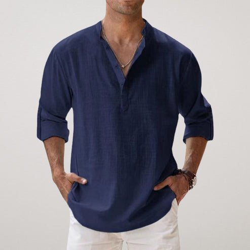 Henley Shirt with Band Collar and Roll Up Long Sleeves for Men