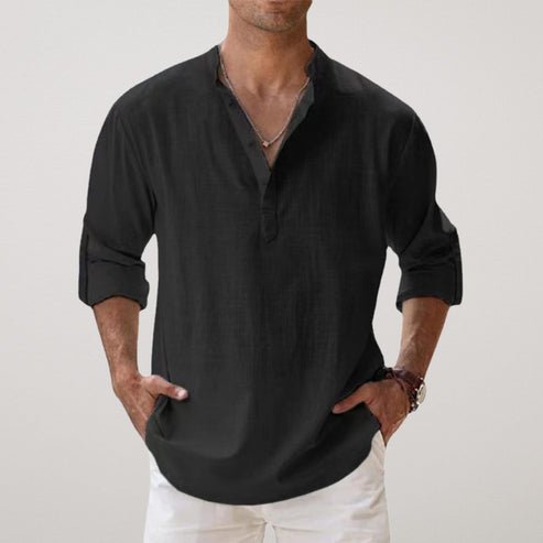 Henley Shirt with Band Collar and Roll Up Long Sleeves for Men