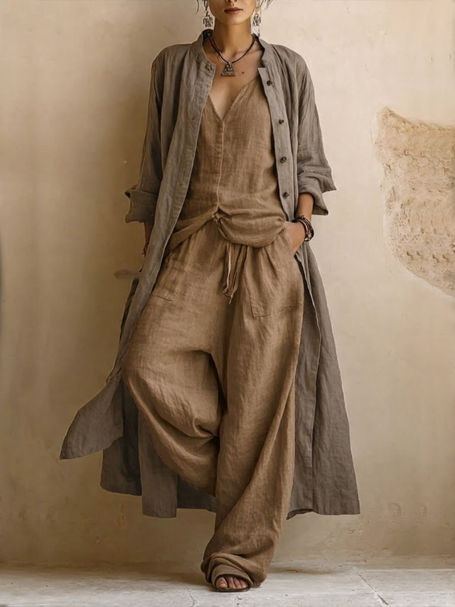 Three Piece Lounge Set with Duster Shirt and Wide Leg Pants for Women