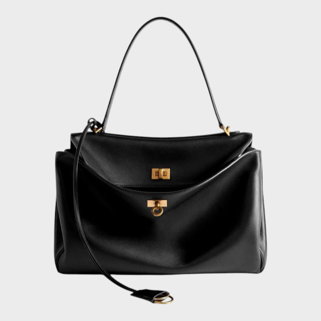 Structured Top Handle Bag with Turn Lock Flap and Long Strap for Women