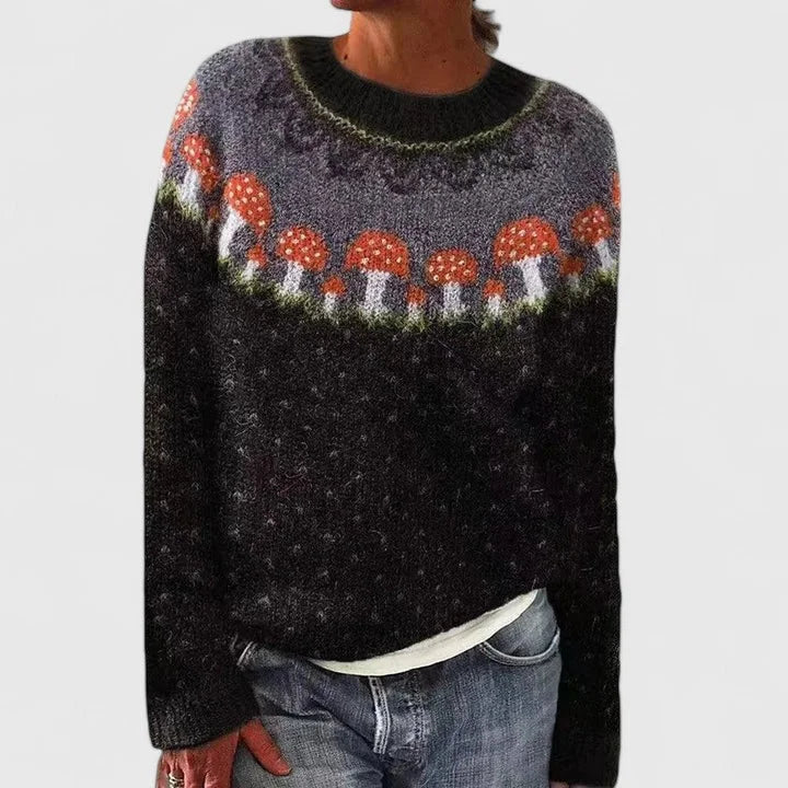 Fair Isle Crew Neck Sweater with Yoke Pattern and Ribbed Hem for Women