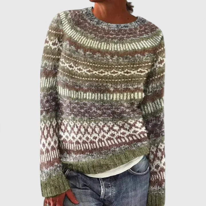 Fair Isle Crew Neck Sweater with Yoke Pattern and Ribbed Hem for Women
