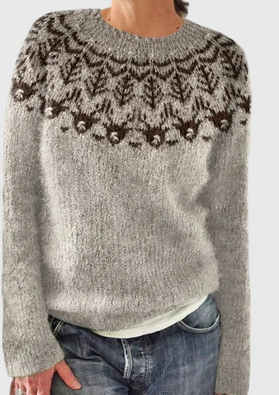 Fair Isle Crew Neck Sweater with Yoke Pattern and Ribbed Hem for Women