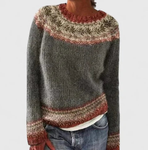 Fair Isle Crew Neck Sweater with Yoke Pattern and Ribbed Hem for Women