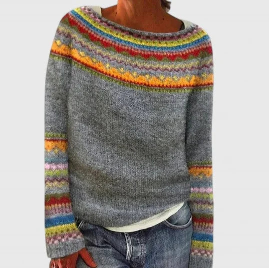 Fair Isle Crew Neck Sweater with Yoke Pattern and Ribbed Hem for Women